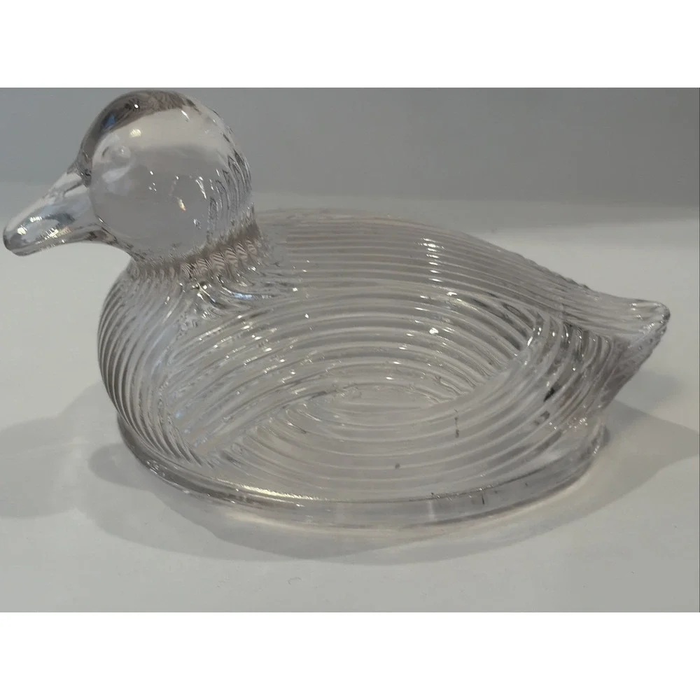 Light Pale Pink Glass Duck On Woven Basket Dish Trinket Candy Covered